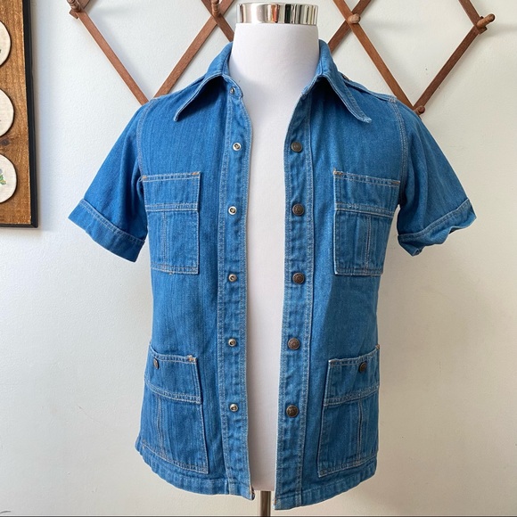 Vintage 1970s Red Snap Denim Utility Shirt - Picture 9 of 14